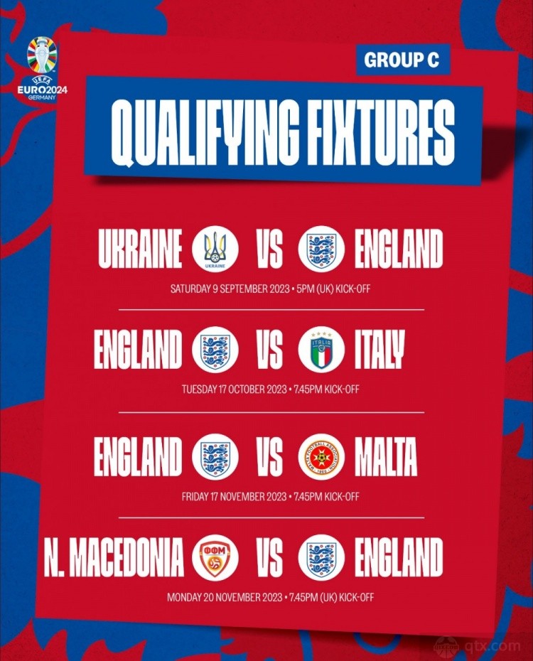 英格兰国家队通过官方社交媒体分享了三狮军团2024年欧洲杯预选赛赛程时间表-第1张图片-